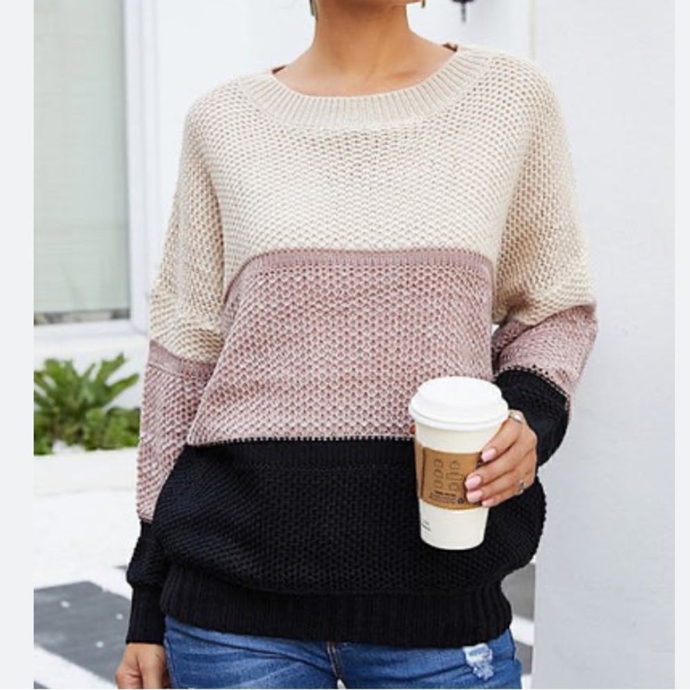 Boutique Colorblock Cream Lavender Black Knit Crew Neck Pullover Tunic Sweater